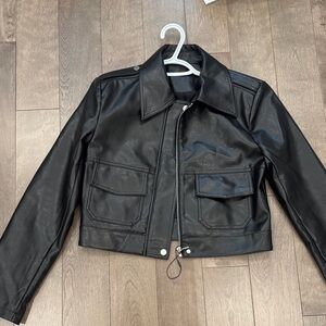 Cropped Black Faux Leather Zip Jacket with Flap Pockets
